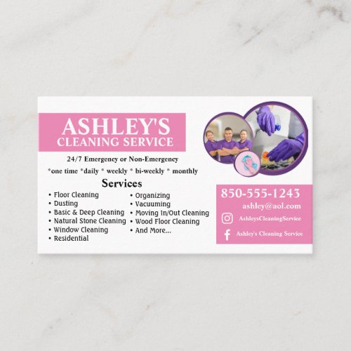 Purple and white Cleaning Service Business Card 