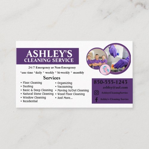 Purple and white Cleaning Service Business Card 