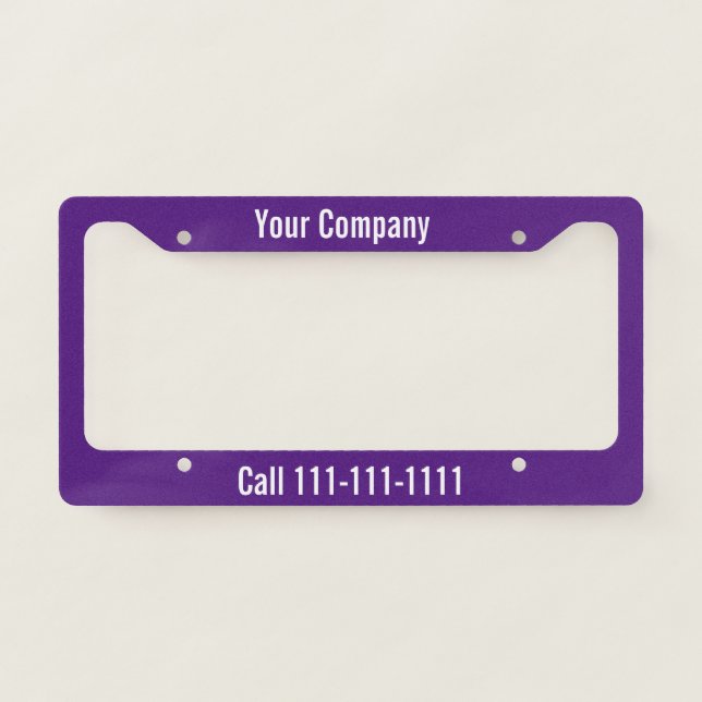 Purple and White Company Ad with Phone Number License Plate Frame (Front)