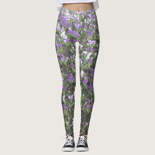 Purple and White Crocus Spring Flowers Leggings (Front)