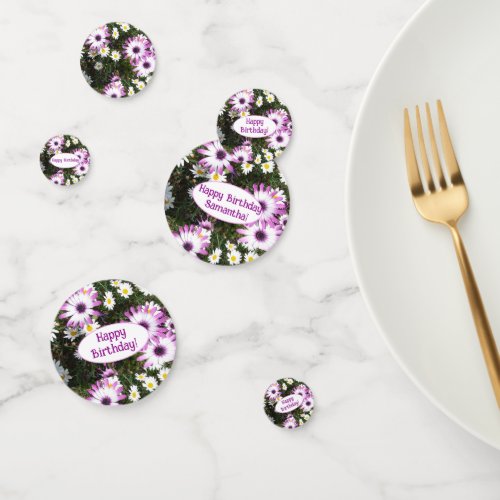 Purple and White Daisy Birthday Customizable Name Confetti