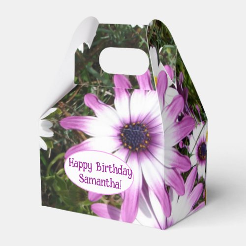Purple and White Daisy Birthday Customizable Name Favor Boxes