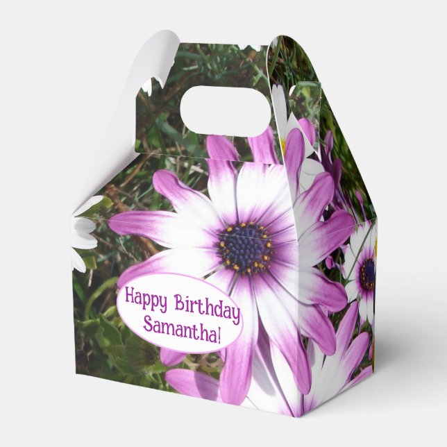 Purple and White Daisy Birthday Customizable Name Favor Boxes (Front Side)