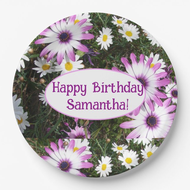 Purple and White Daisy Birthday Customizable Name Paper Plates (Front)