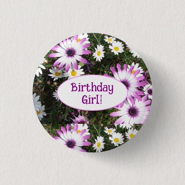 Purple and White Daisy Floral Birthday Girl Button (Front)