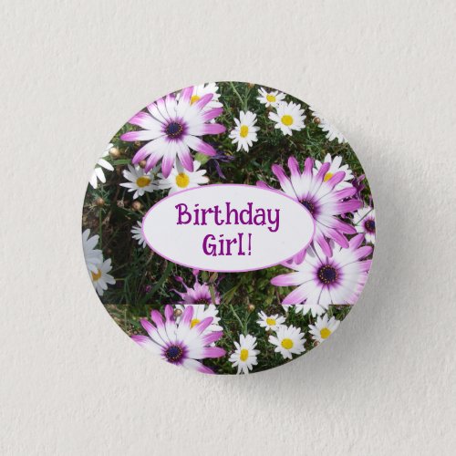 Purple and White Daisy Floral Birthday Girl Button