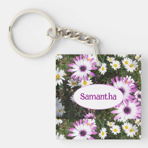 Purple and White Daisy Floral Customizable Name Keychain