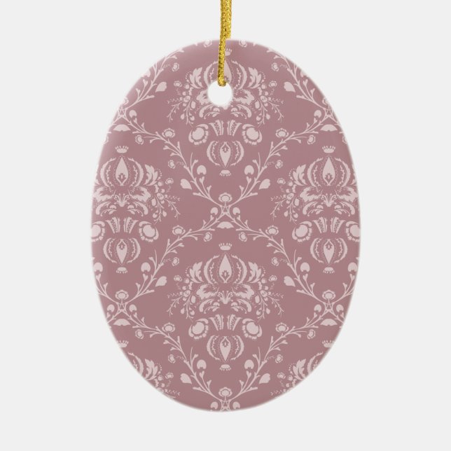Purple and White Damask Ceramic Ornament (Front)