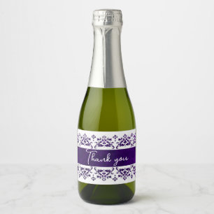 Purple and White Damask Custom Wedding Sparkling Wine Label