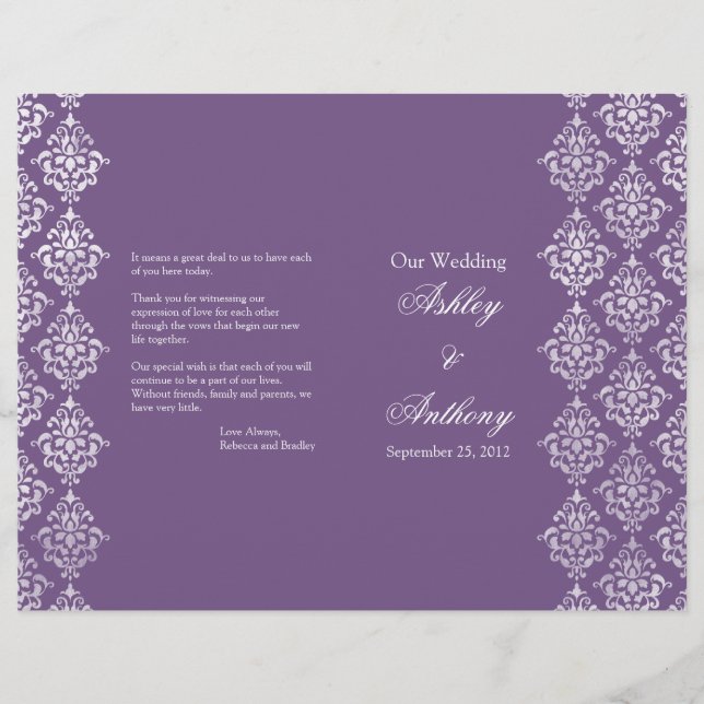 Purple and White Damask Foldable Wedding Program (Front)