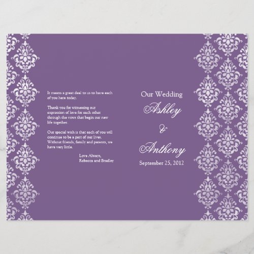 Purple and White Damask Foldable Wedding Program