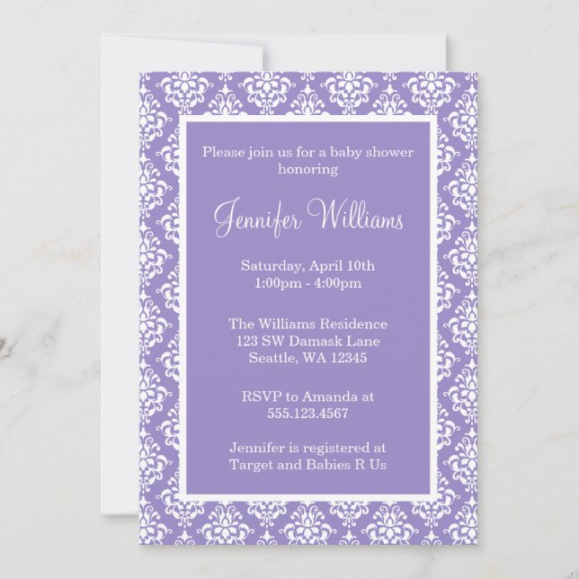 Purple and White Damask Girl Baby Shower Invitation (Front)