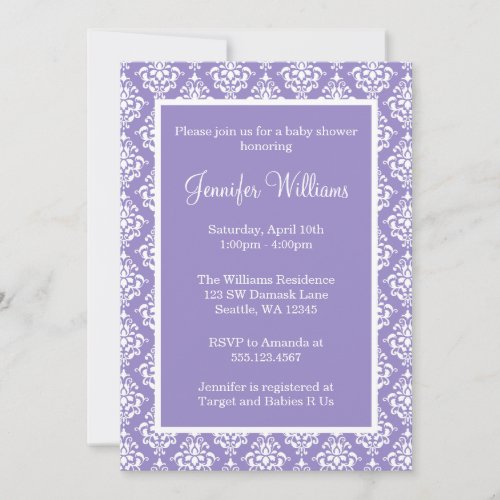 Purple and White Damask Girl Baby Shower Invitation