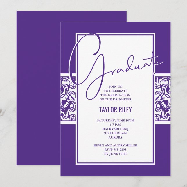 Purple and White Damask Graduation Invitation (Front/Back)