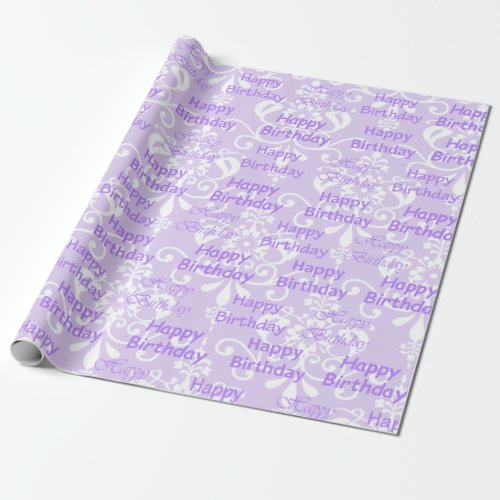 Purple and White Damask Happy Birthday Wrapping Paper