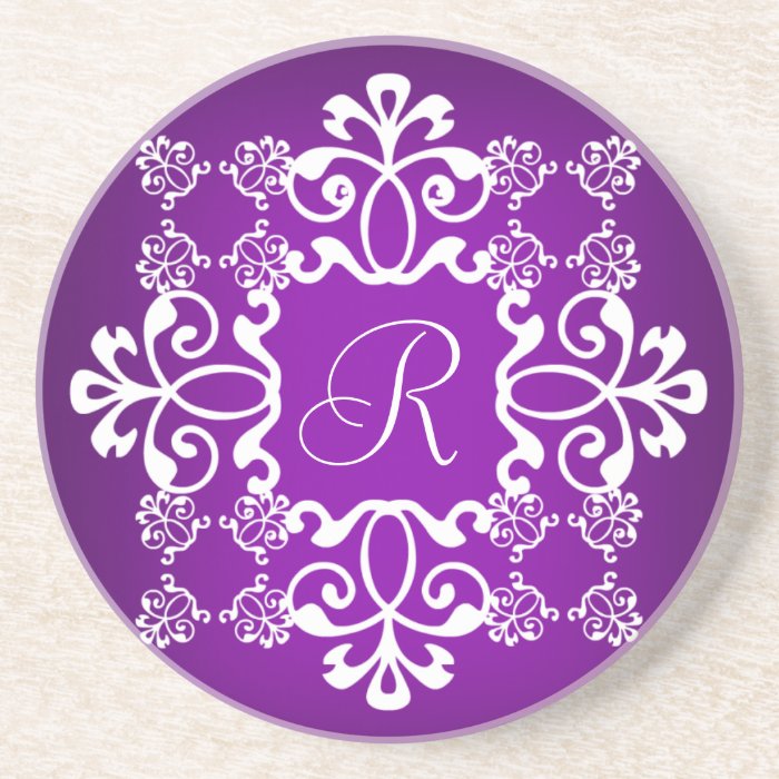 Purple and White Damask Monogrammed Coaster