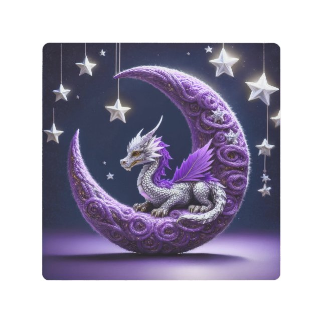 Purple And White Dragon Resting On A Crescent Moon Metal Print (Front)