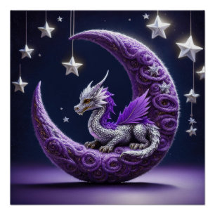 Purple And White Dragon Resting On A Crescent Moon Poster
