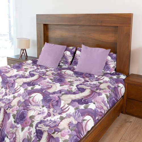 Purple and White Dragons and Roses Duvet Cover