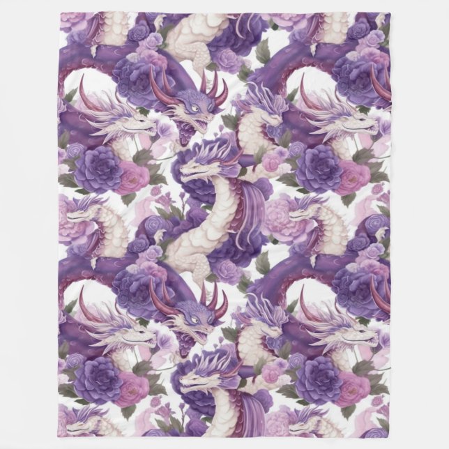Purple and White Dragons and Roses Fleece Blanket (Front)