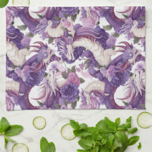 Purple and White Dragons and Roses Kitchen Towel