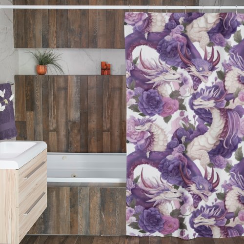 Purple and White Dragons and Roses Shower Curtain