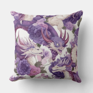 Purple and White Dragons and Roses Throw Pillow