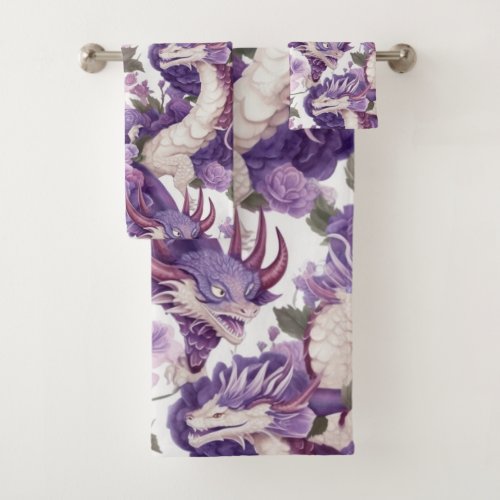 Purple and White Dragons and Roses Towels