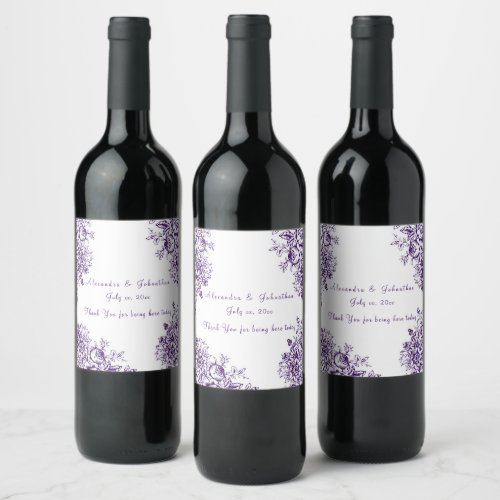 Purple and White Elegant Wedding Wine Label