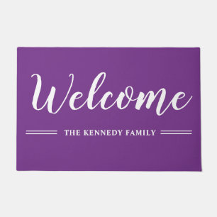 Purple And White Family Name Welcome Doormat