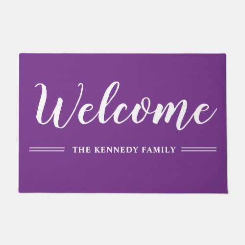 Purple And White Family Name Welcome   Doormat