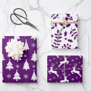 Purple and White Festive Christmas Patterns Wrapping Paper Sheets