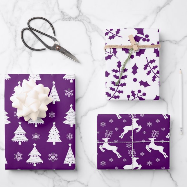 Purple and White Festive Christmas Patterns Wrapping Paper Sheets (Front)