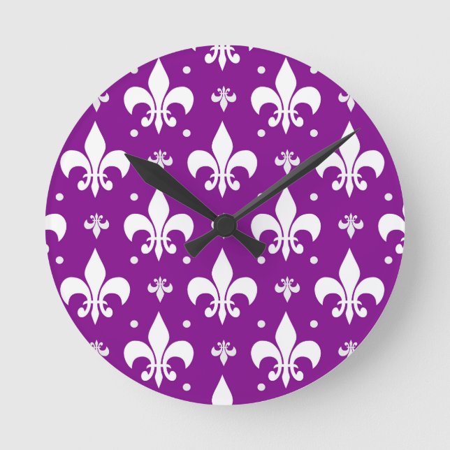  Purple and White Fleur-de-lis Design  Round Clock (Front)