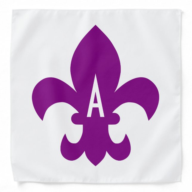 Purple and White Fleur de Lis Monogram Bandana (Front)