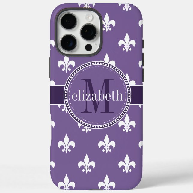 Purple and White Fleur de Lis Monogram Case-Mate iPhone Case (Back)