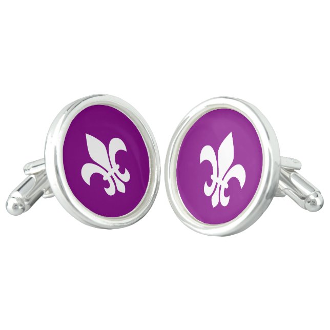 Purple and White Fleur de Lys Cufflinks (Angled)