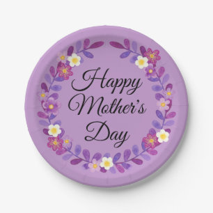 Purple and White Floral and Leaves Mother's Day Paper Plates