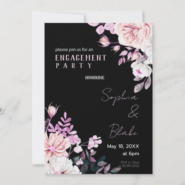Purple and White Floral Black Engagement Party Invitation (Front)
