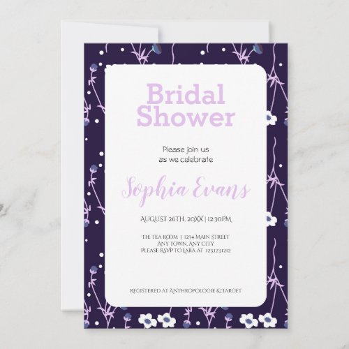 Purple and White Floral Border White Bridal Shower Invitation
