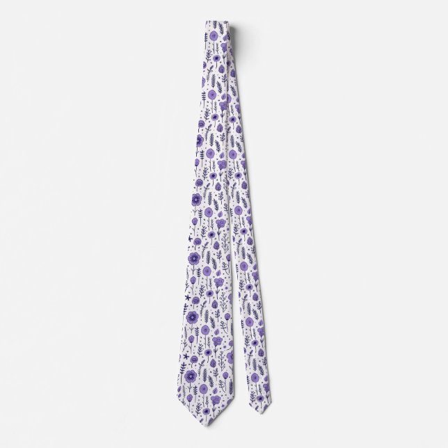 Purple and White Floral Botanical Wedding Neck Tie (Front)