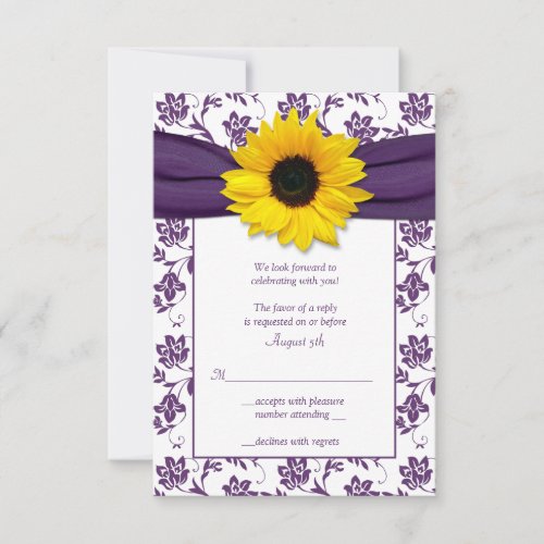 Purple and White Floral Damask Wedding Reply Card Invites