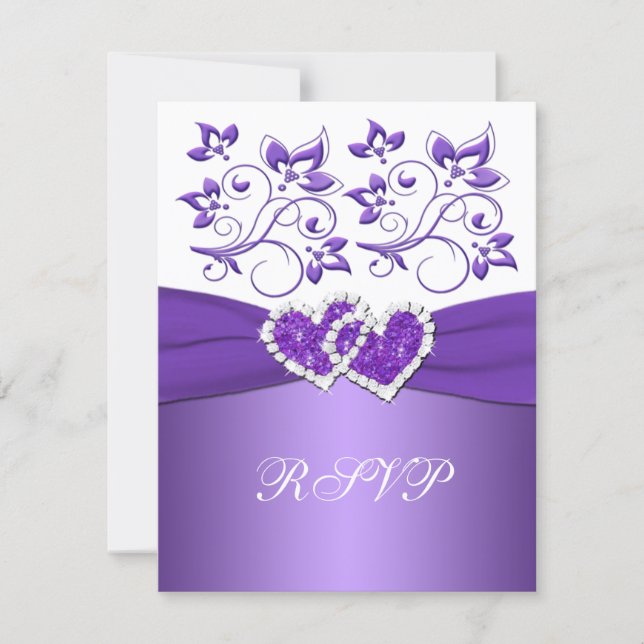 Purple and White Floral Joined Hearts RSVP Card (Front)