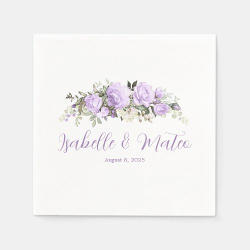 Purple and White Floral Personalized Wedding Napkins