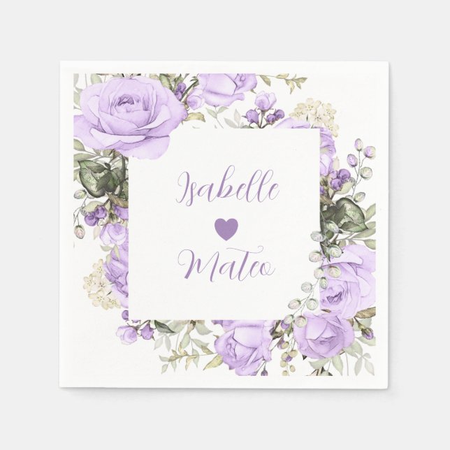 Purple and White Floral Personalized Wedding Napkins (Front)