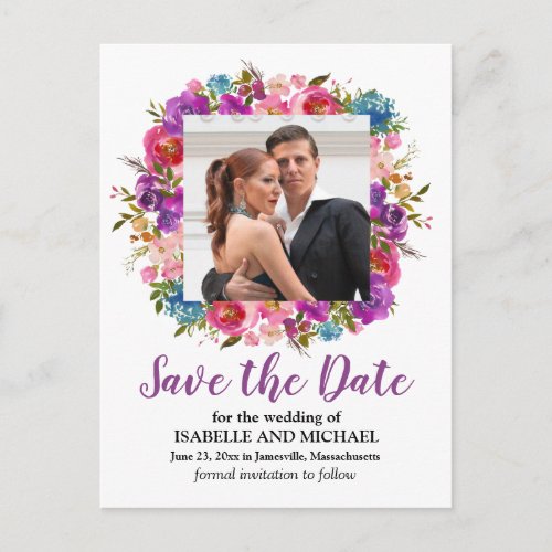 Purple and White Floral Photo Save the Date Announcement Postcard