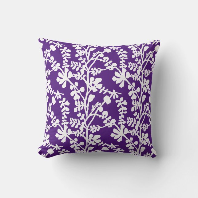 Purple And White Floral Repeating Pattern Throw Pillow (Front)