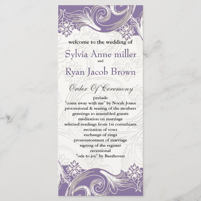 Purple and White Floral Spring Wedding Program (Front)