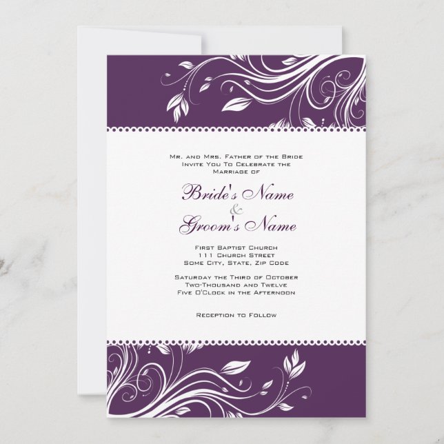 Purple and White Floral Swirls Wedding Invitation (Front)