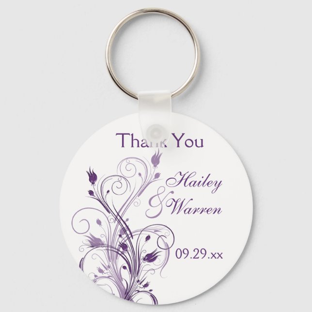 Purple and White Floral Wedding Favor Key Chain (Front)